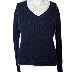 Brandy Melville Navy Blue Ida Cotton Cable Knit V Neck Sweater